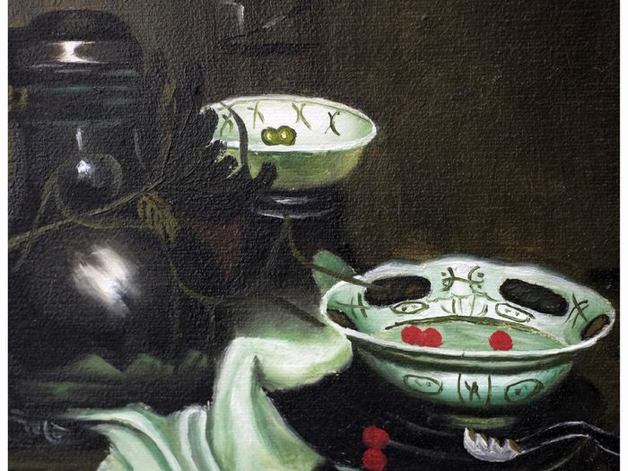 Still Life Painting Pewter Flagon with Ming Bowl after Jan Jansz Treck