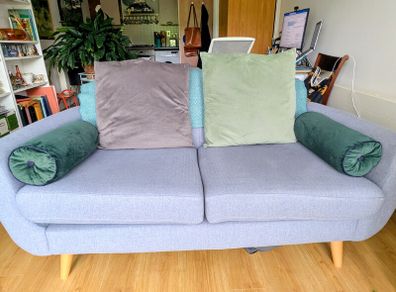 DFS grey fabric sofa - button back detail