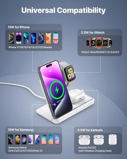 Foldable 3 in 1 Wireless Charging Station for Apple Devices, Wireless Charger Stand with 20W PD Adapter for iPhone 17/16/15/14/13/12/11, Apple Watch & AirPods Charging Dock White
