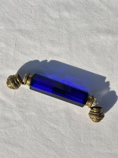 Victorian Bristol Blue Double Ended Scent Bottle - Perfume & Smelling Salts c1880