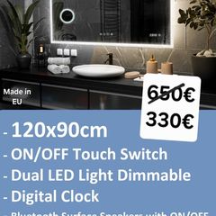 LED Bathroom Mirror 120x90cm Speakers Clock Antifog Dual LED Bright Light Makeup