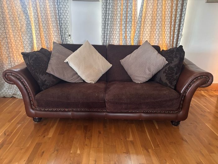 Brown Leather & Fabric 4-Seater Sofa