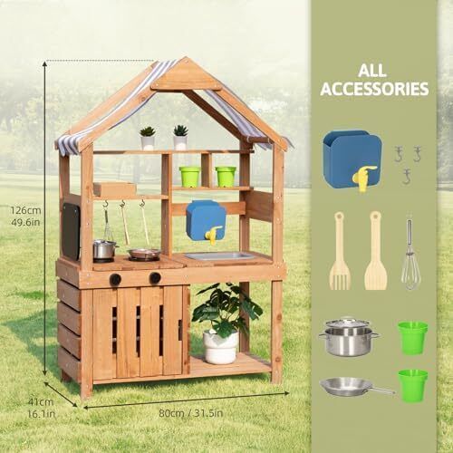 Mud Kitchen for Kids Outdoor, Kids Kitchen Playset with Canopy, Gardening Tools, Chalkboard, Flower Pot, Cookingware, Removable Water Tank, for Boys and Girls 3+, Solid Fir Wood