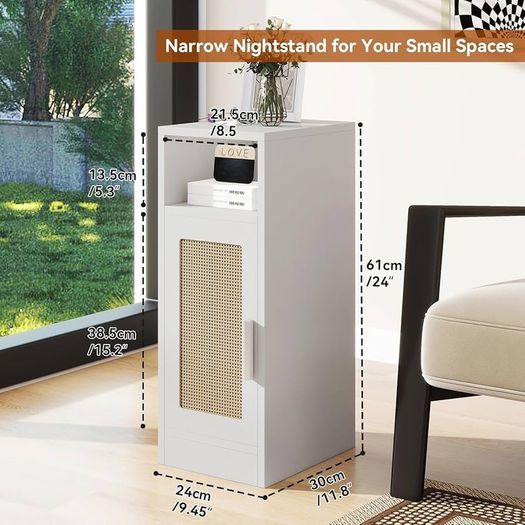 Slim Bedside Table Set of 2, Rattan Nightstand with Open Compartments and Cupboard for Small Spaces, Small Narrow Side End Table for Bedroom Living Room, White