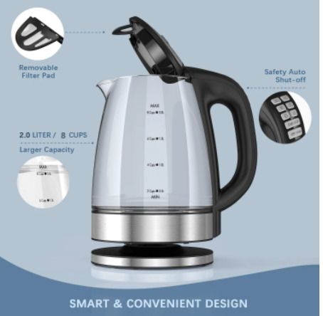 Electric Kettle Variable Temperature 2.0L Glass for Tea Coffee Keep Warm Function Boil-Dry Protection