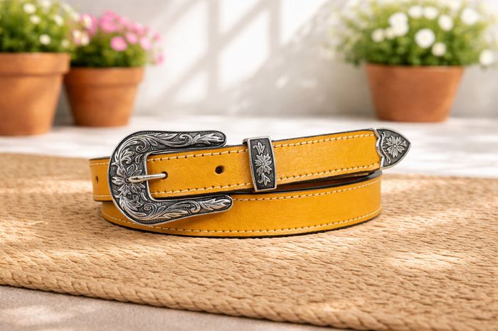 Unisex Premium Yellow Genuine Leather Belt Vintage Engraved Silver Buckle