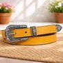 Unisex Premium Yellow Genuine Leather Belt Vintage Engraved Silver Buckle Image 2