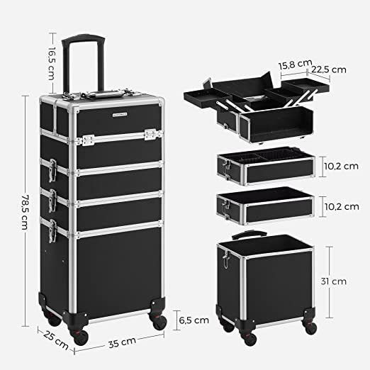Cosmetic Case, Professional Makeup Case, 4-in-1 Vanity Case for Travel, Large Trolley for Hairdressers, Lockable, with 360 Rotating Universal Wheels, Black