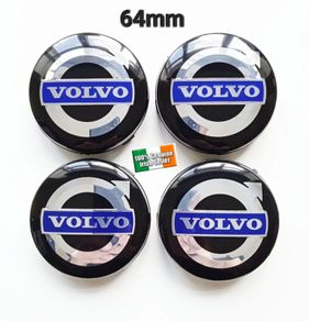 4 x Volvo alloy wheels, centre hub caps, 64 mm, black / blue, C70, S60, V60, V70, S80, XC90