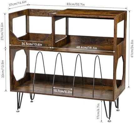 Large Rustic Record Player Stand, 2 Tier Record Player Table with Vinyl Record Storage 370 Albums