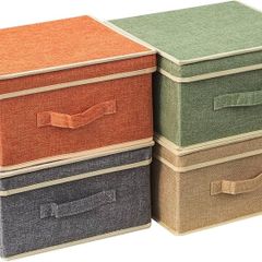 Foldable Clothing Storage Basket case with Handle for Closet, Bedroom, Home, 33.5L x 31.75W x 17.5H cm 4 mixed colors