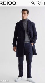 REISS Double Breasted Wool Blend Coat in Navy