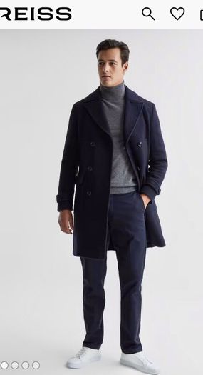 REISS Double Breasted Wool Blend Coat in Navy
