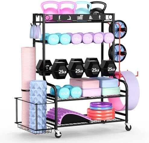 Home Gym Storage Rack for Dumbbells Kettlebells Foam Roller, Yoga Strap and Resistance Bands, Workout Equipment Storage Organizer With Hooks and Wheels