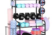Home Gym Storage Rack for Dumbbells Kettlebells Foam Roller, Yoga Strap and Resistance Bands, Workout Equipment Storage Organizer With Hooks and Wheels