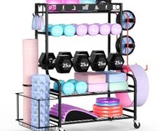 Home Gym Storage Rack for Dumbbells Kettlebells Foam Roller, Yoga Strap and Resistance Bands, Workout Equipment Storage Organizer With Hooks and Wheels