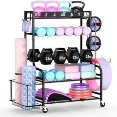 Home Gym Storage Rack for Dumbbells Kettlebells Foam Roller, Yoga Strap and Resistance Bands, Workout Equipment Storage Organizer With Hooks and Wheels