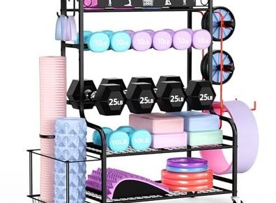 Home Gym Storage Rack for Dumbbells Kettlebells Foam Roller, Yoga Strap and Resistance Bands, Workout Equipment Storage Organizer With Hooks and Wheels