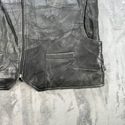 Black Patchwork Leather Vest Waistcoat - Zip Buckles - Large