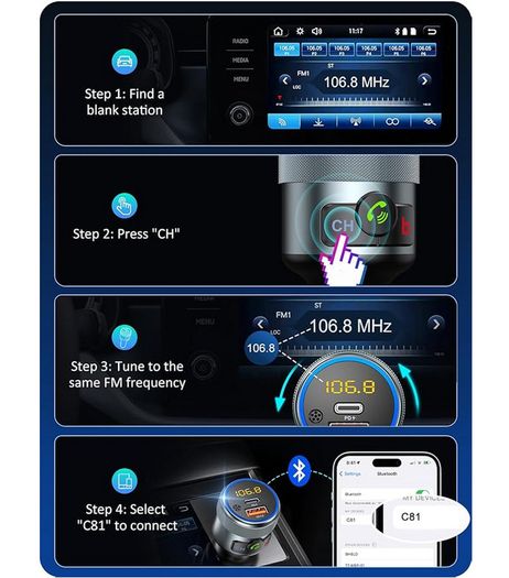 Car FM Transmitter, Wireless Bluetooth 5.1 Radio Adapter Car Kit with Big Button, Type C