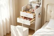 Dressing Table with LED Lights, Small Vanity Table with Flip-top Mirror, Narrow Makeup Table for Small Spaces, 3 Light Colors &amp; 2 Drawer, Cushioned Storage Stool for Bedroom, White