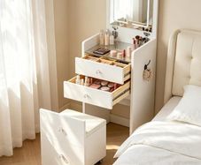 Dressing Table with LED Lights, Small Vanity Table with Flip-top Mirror, Narrow Makeup Table for Small Spaces, 3 Light Colors & 2 Drawer, Cushioned Storage Stool for Bedroom, White