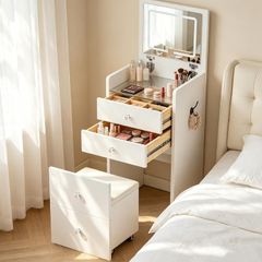 Dressing Table with LED Lights, Small Vanity Table with Flip-top Mirror, Narrow Makeup Table for Small Spaces, 3 Light Colors & 2 Drawer, Cushioned Storage Stool for Bedroom, White