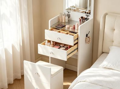 Dressing Table with LED Lights, Small Vanity Table with Flip-top Mirror, Narrow Makeup Table for Small Spaces, 3 Light Colors & 2 Drawer, Cushioned Storage Stool for Bedroom, White
