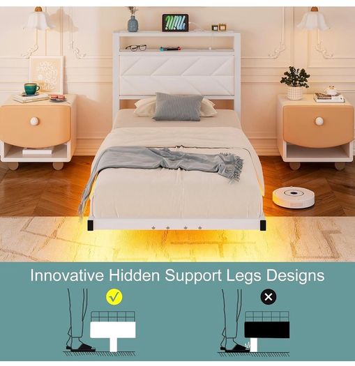 ingle Floating Upholstered Bed Frame with Storage Headboard, White Metal Bed Frame with LED Lights and Charging Station, Heavy Duty Metal Slat Support, Noise Free, No Box Spring Needed