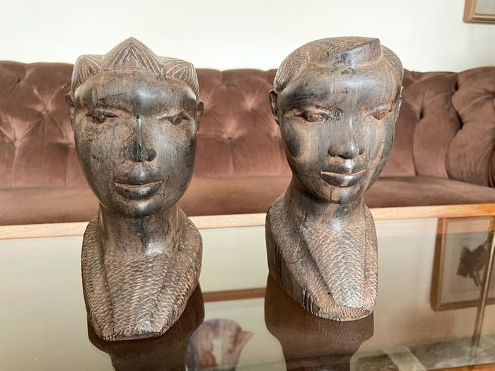 Pair of Vintage Mid Century African Art Hardwood Bust Carvings
