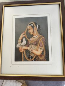 Framed Indian Folk Art, Royal Princess with Pigeon, Mughal Art, Indian Royal Queen , Indian Prints, Indian Printable Wall Art, Indian Art, Vintage