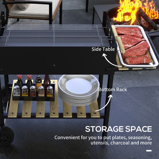 Charcoal BBQ Grill, Barbecue Trolley with Double Adjustable Grill, Side Table, Storage Shelf and Wheels for Outdoor Garden Party Cooking, Black