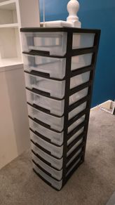 Tall plastic storage unit with drawers