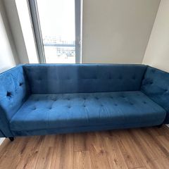 Large 3-Seater Blue Velvet Sofa Bed