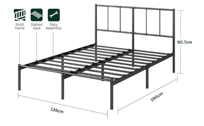 Double Bed Frame with Headboard  4ft6 135 x 190 cm 14 Height Metal Bed Base with Steel Slat Support - Storage Space Underneath  Modern Design Easy Assembly Black