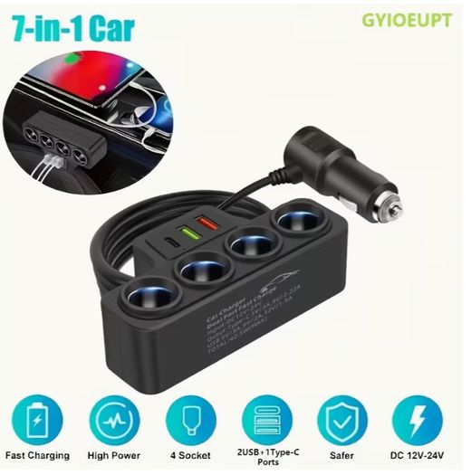 7-In-1 Multi-Function Car Charger Extendable to Rear Seats Features Type-C And Dual USB Ports Four Expansion Ports Wide Compatibility, Without Battery