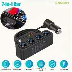 7-In-1 Multi-Function Car Charger Extendable to Rear Seats Features Type-C And Dual USB Ports Four Expansion Ports Wide Compatibility, Without Battery