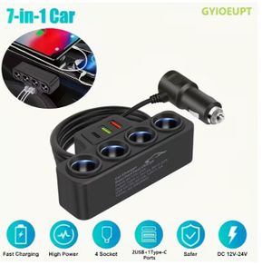 7-In-1 Multi-Function Car Charger Extendable to Rear Seats Features Type-C And Dual USB Ports Four Expansion Ports Wide Compatibility, Without Battery