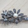 Vintage Sterling Silver Flower Brooch  Pearl & Marcasite Image 2