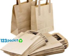 Lot of 20 pcs SOS carrier bags Eco Friendly Brown flat tape handles Size Small 18x10x21 cm /  7x 3.9x8.2 inches Excellent for shop, retail, kraft, home baking, gifts, art shops