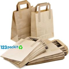 Lot of 20 pcs SOS carrier bags Eco Friendly Brown flat tape handles Size Small 18x10x21 cm /  7x 3.9x8.2 inches Excellent for shop, retail, kraft, home baking, gifts, art shops