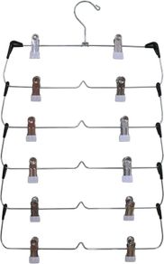 6 Tier Trouser Hangers with Clips, Hangerman 2 Pack Strong & Durable Chrome Metal Skirt Hangers - Space Saving, Multi Hanger with Non Slip Adjustable Clip for Trousers, Hang Skirts Pants Jeans