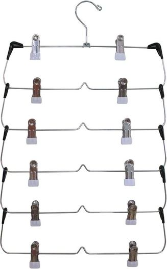 6 Tier Trouser Hangers with Clips, Hangerman 2 Pack Strong & Durable Chrome Metal Skirt Hangers - Space Saving, Multi Hanger with Non Slip Adjustable Clip for Trousers, Hang Skirts Pants Jeans