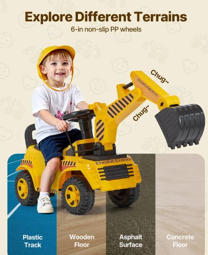 Ride On Excavator Digger for Toddlers with Helmet and Music Yellow