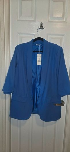 Electric Blue Open Front Blazer Jacket Ruched Sleeve Smart Casual Layering