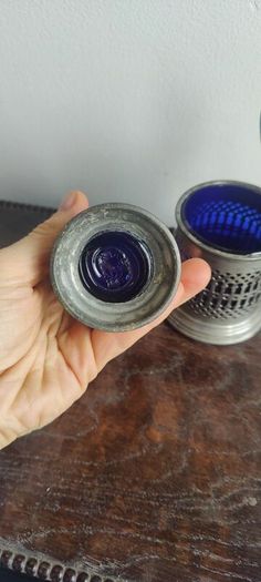 Pewter Condiment Set, blue glass and pewter design. mustard and salt