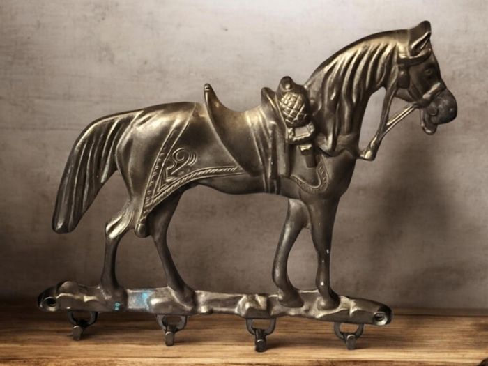 Vintage Solid Brass Horse Key Rack Wall Hanger Heavy
