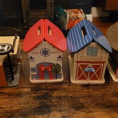Wooden play toys with figures. Sold as one lot