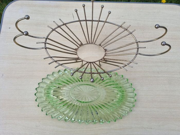 Vintage green uranium glass platter set in a brass frame