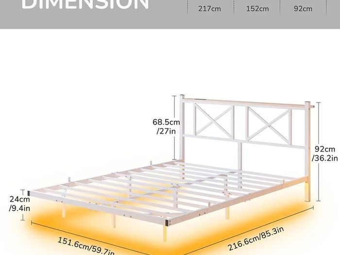 King Size Floating Bed Frame with LED Lights and Charging Station, Metal Platform Bed Frame King Size with Wooden Storage Headboard White and OAK